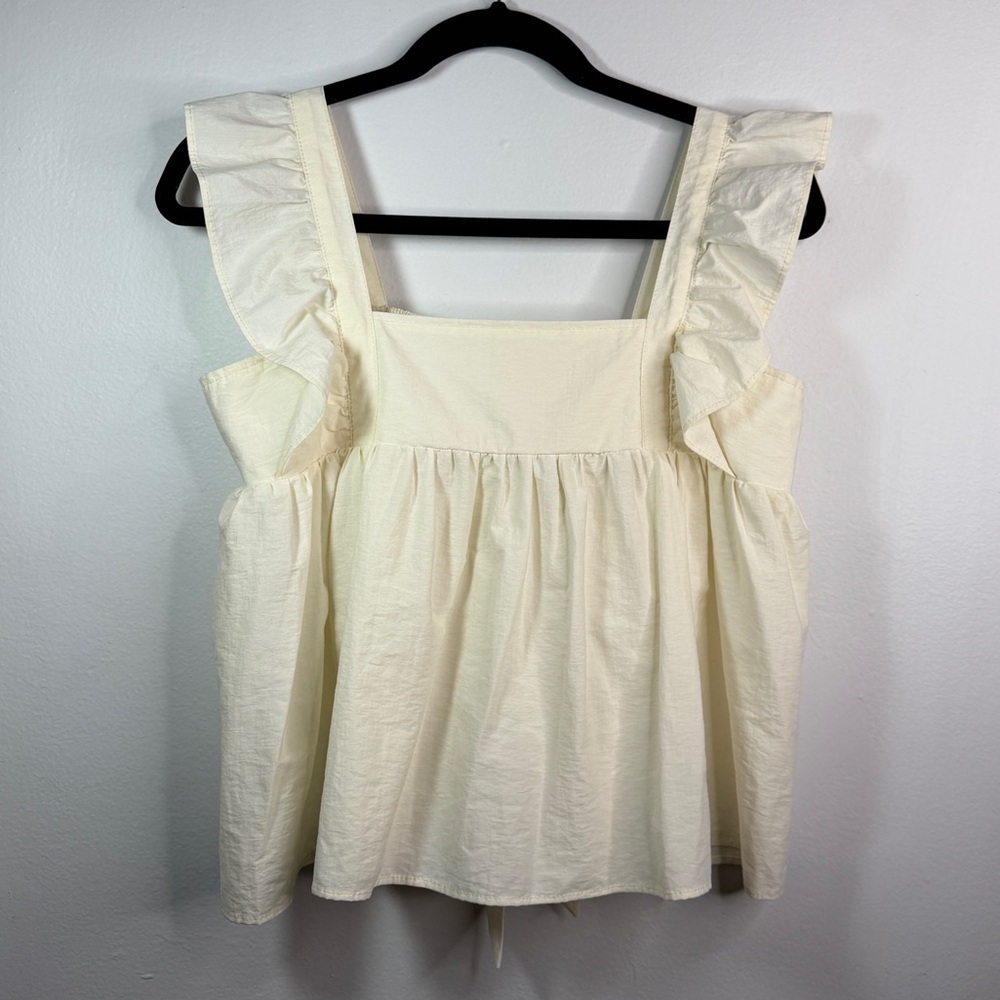 Cream Ruffle Sleeve Babydoll Blouse with Bow Tieback